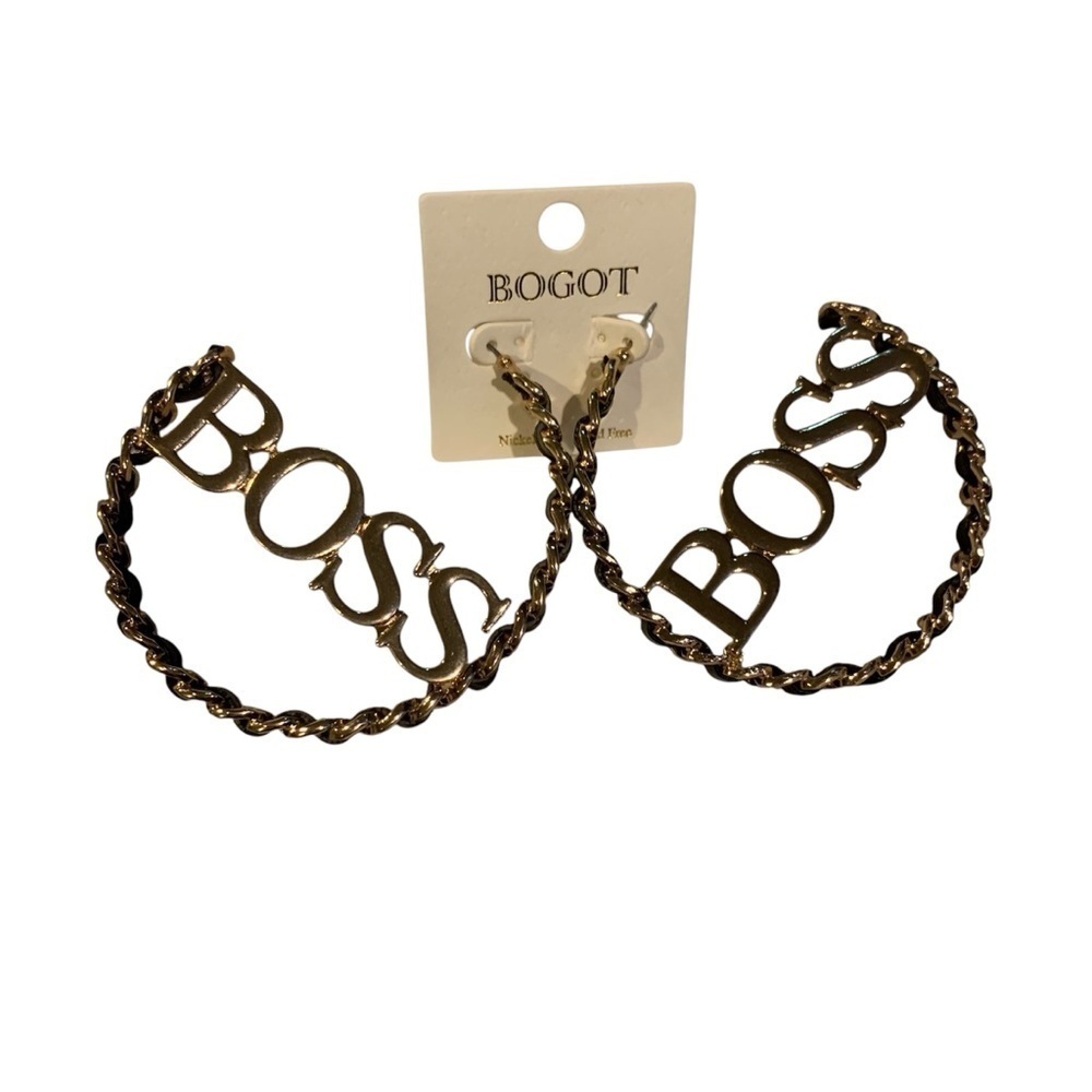 Boss Gold and Black Chain Hoop Earrings Baddie Hip Hop Statement
